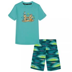 Little Boys Under Armour Turquoise Rash Guard & Swim Trunks Set, Size 5 NEW